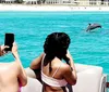 Two people are photographing a dolphin leaping out of the turquoise waters near a beach from a boat