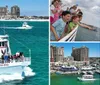 A double-deck tour boat named Southern Star filled with passengers is cruising in vibrant blue waters close to the shore with buildings in the background and another smaller boat speeding by in the distance