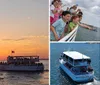 A tour boat is filled with passengers as they enjoy a vivid sunset over the water