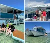 A group of people is enjoying the clear shallow waters next to a boat named BIKKINI BOTTOM with some sitting on a paddleboard and others standing or preparing to swim