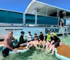 A group of people is enjoying the clear shallow waters next to a boat named BIKKINI BOTTOM with some sitting on a paddleboard and others standing or preparing to swim