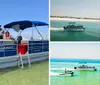 A group of people enjoys a sunny day on a pontoon boat on calm waters with other boats in the background