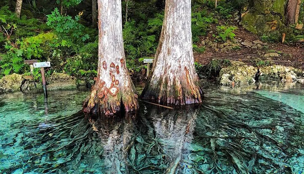 Two trees with wide buttressed bases stand in clear blue water against a lush green forest backdrop