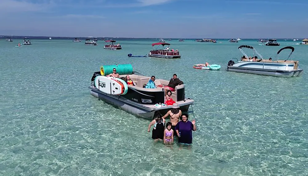 A group of people is enjoying a sunny day in clear shallow waters with some sitting on a boat that resembles a floating tiki bar and others standing in the water