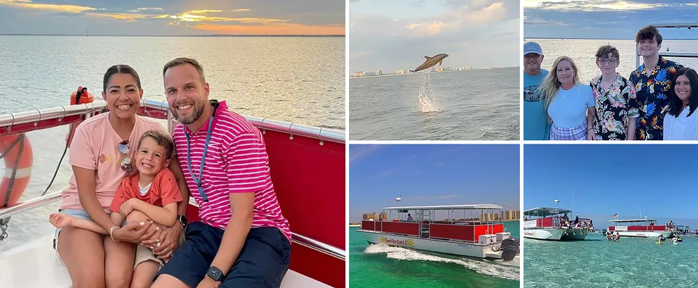 The image is a collage of four photographs showing happy people engaging in leisure activities on and around boats with scenes that include a family portrait a dolphin leaping out of the water and groups enjoying the waterborne environment