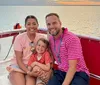 The image is a collage of four photographs showing happy people engaging in leisure activities on and around boats with scenes that include a family portrait a dolphin leaping out of the water and groups enjoying the waterborne environment