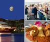 The image shows an evening scene with the Solaris yacht docked in a marina with a close-up inset of a dish that appears to be shrimp and grits all set against a backdrop of a coastal resort town under a moonlit sky