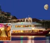 The image shows an evening scene with the Solaris yacht docked in a marina with a close-up inset of a dish that appears to be shrimp and grits all set against a backdrop of a coastal resort town under a moonlit sky