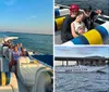 A group of happy people is enjoying a sunny boat ride on a clear blue water body