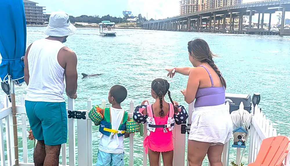 A group of people including children wearing colorful flotation devices stands on a waterfront deck observing a dolphin in the water nearby