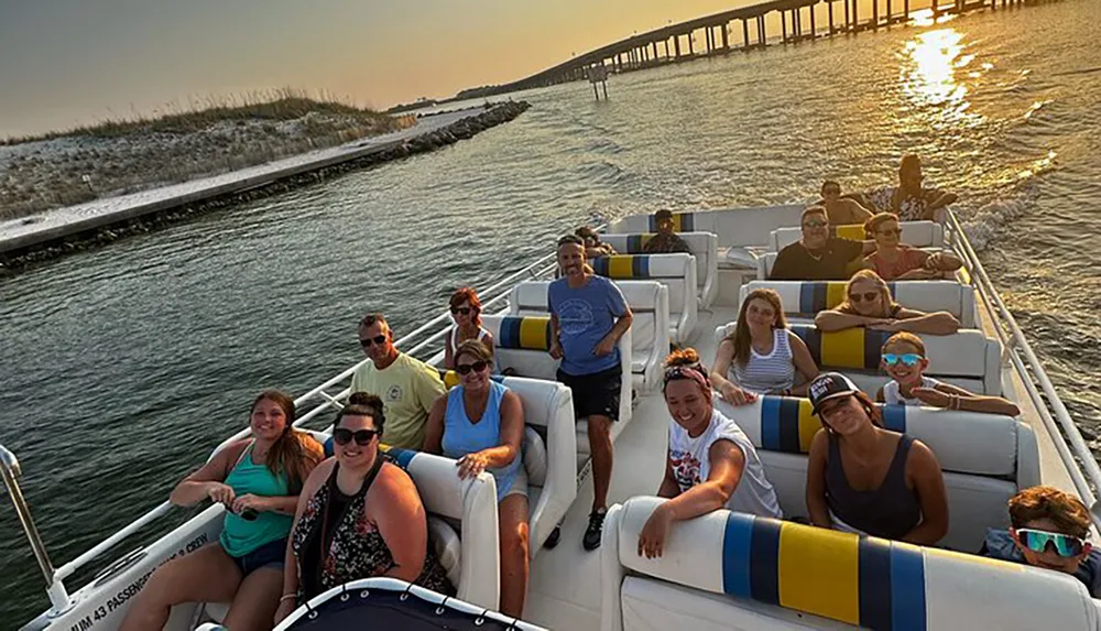 A group of people enjoying a boat ride near a bridge during sunset