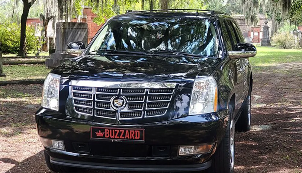 A black Cadillac SUV is parked on a path with trees in the background and a personalized license plate that reads BUZZARD