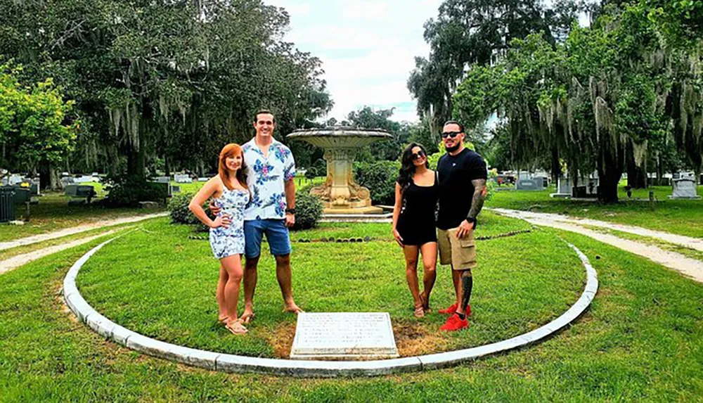 Four people are posing for a photo in a green park with a fountain and Spanish moss-draped trees in the background