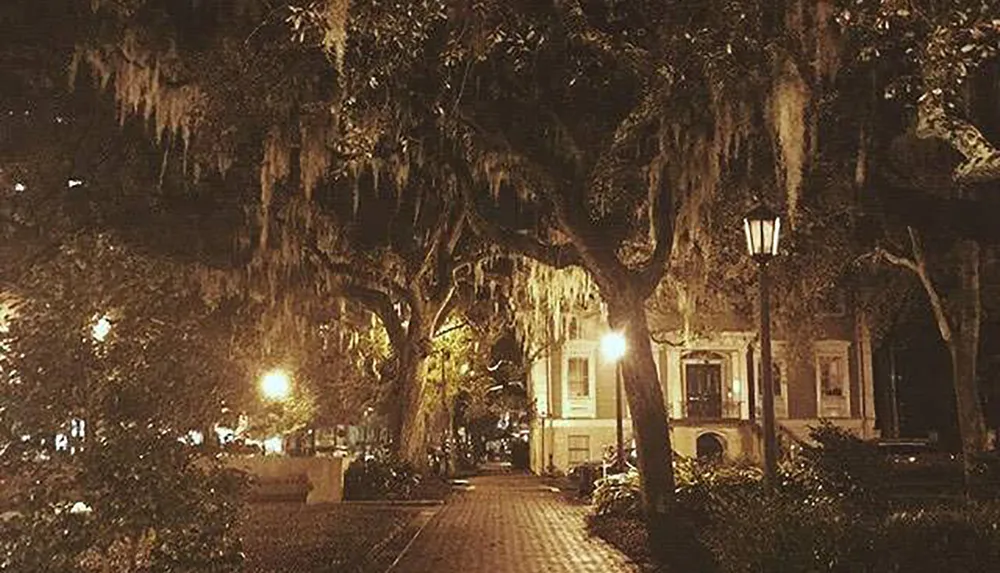 A warmly lit pathway adorned with street lamps winds through a park lined with trees draped in Spanish moss evoking a serene Southern ambiance at twilight