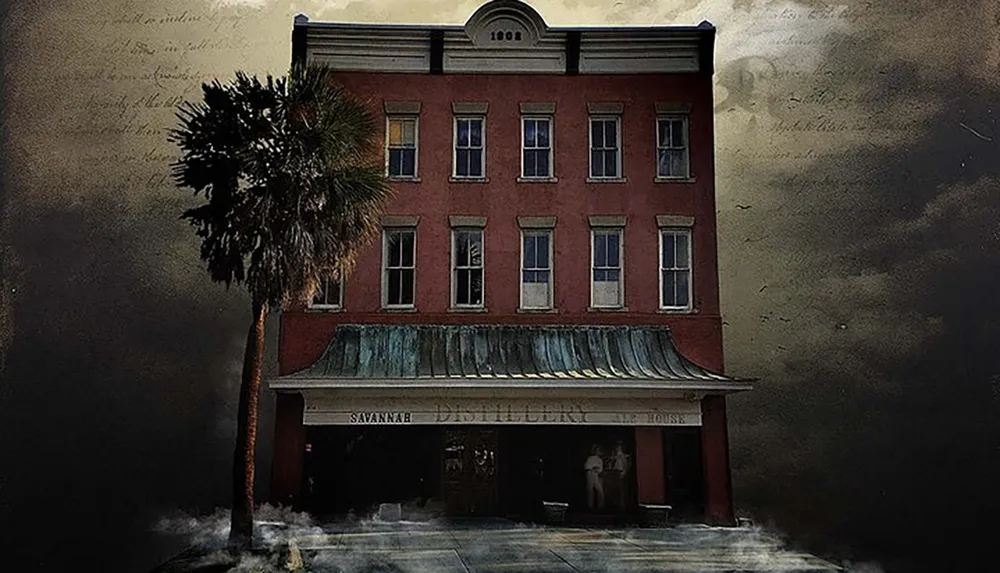 This image is a dark atmospheric depiction of an old building with the inscription Savannah Distillery Ale House and faded ghostlike figures standing near the entrance set against a backdrop of script-like texture