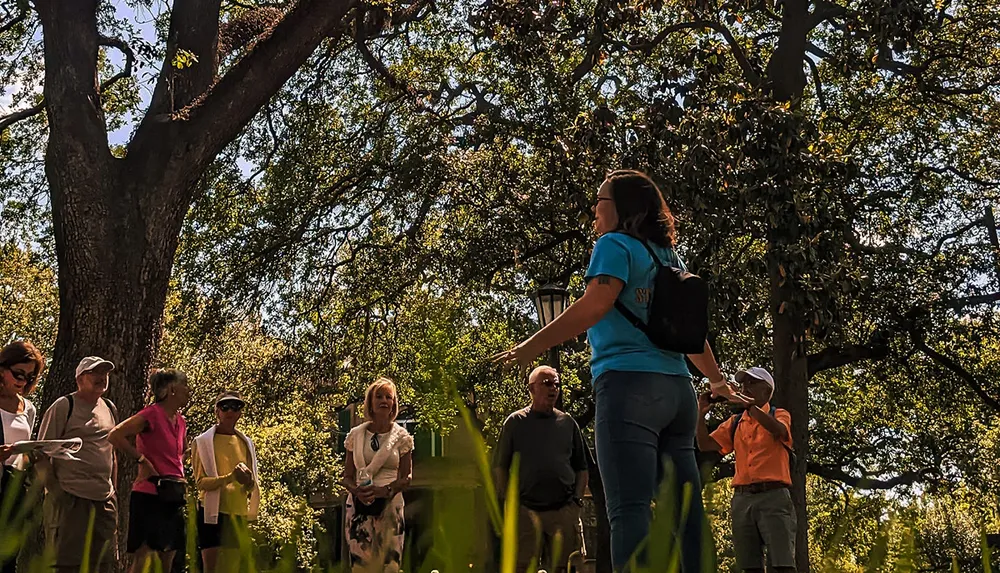 A group of people listen attentively to a speaker outdoors on a sunny day surrounded by lush greenery