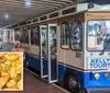 The image shows a trolley-style tour bus marked Kelly Tours with passengers on board stopped under a covered area where pedestrians are walking with a zoomed-in inset of a dish that appears to be seasoned shrimp