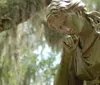 A solemn statue of an angelic figure overlooks a grave in a serene cemetery draped with Spanish moss