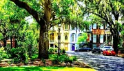The image depicts a vibrant residential street lined with tall trees draped in Spanish moss and houses with colorful doors, conveying a charming and picturesque atmosphere.