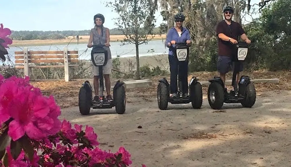 Three people are standing on Segways on a dirt path near a body of water with bright pink flowers in the foreground