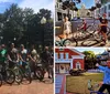 A group of people are posing with their bicycles in front of a fountain on a sunny day