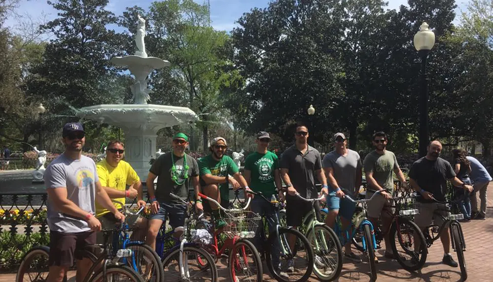 A group of people are posing with their bicycles in front of a fountain on a sunny day