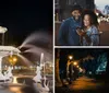 A smiling man and woman are sharing earphones and looking at a smartphone together on a city street at dusk