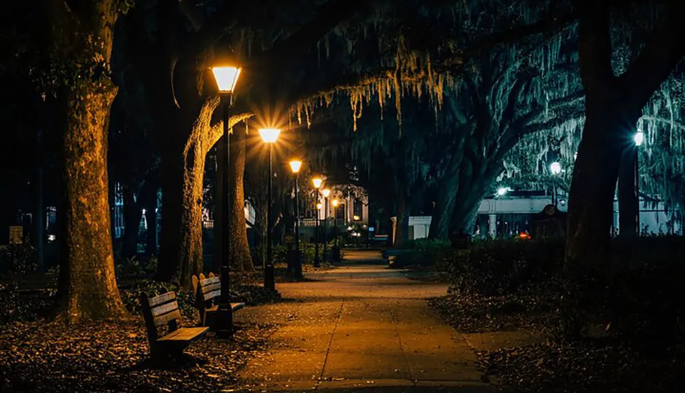 The image depicts a serene nighttime scene with glowing street lamps illuminating a path flanked by benches and moss-covered trees in a park-like setting