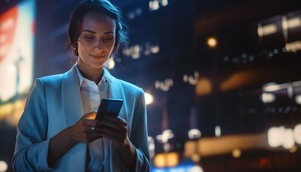 A woman in a business outfit smiles while looking at her smartphone at night in a brightly-lit city setting