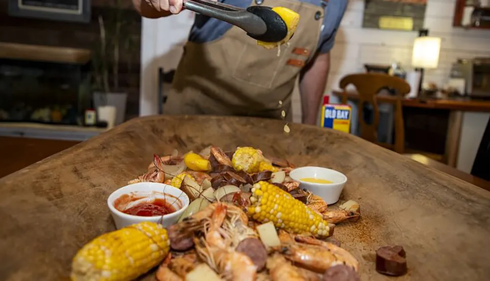 A person is squeezing lemon on a seafood boil spread featuring shrimp corn and various sauces on a rustic wooden table