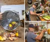 A person in an apron and baseball cap is preparing food in a well-equipped homey kitchen setting