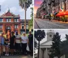 A diverse group of people is posing for a photo in front of a historic-looking building with a distinctive red facade and a lion statue on the rooftop