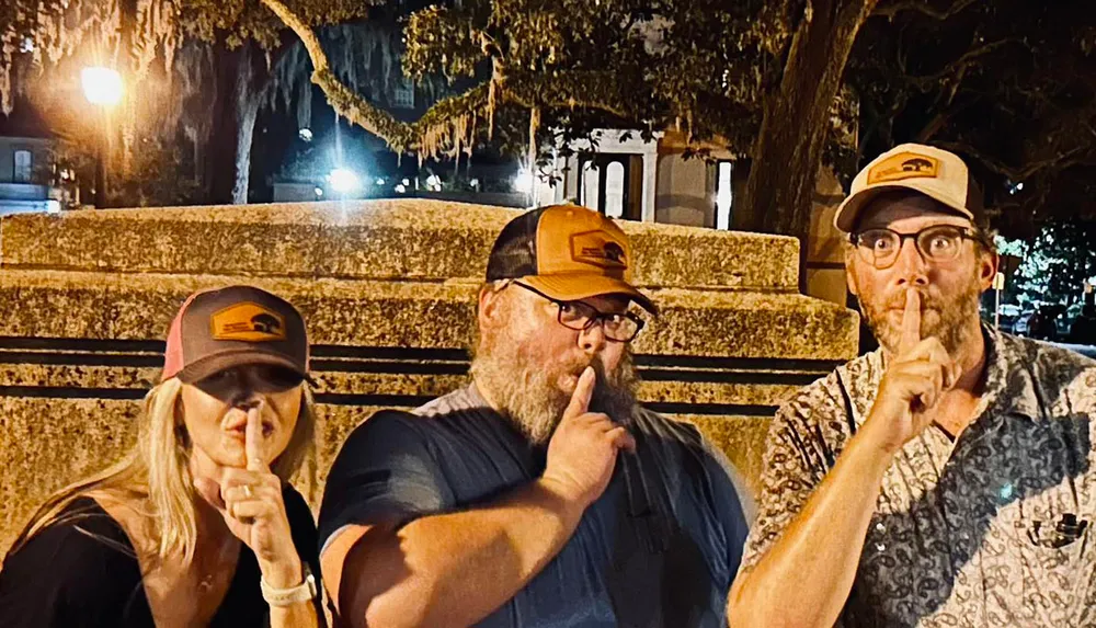 Three individuals are posing playfully with their index fingers to their lips as if to suggest silence or secrecy standing in front of steps with lighting that creates a warm nighttime ambiance