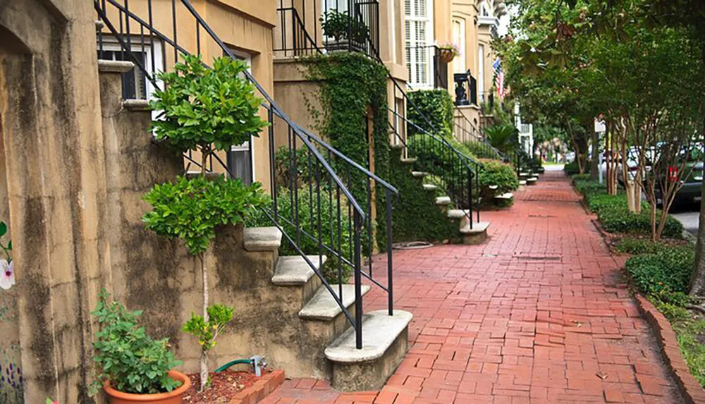 A picturesque urban sidewalk is paved with red bricks and flanked by historical buildings with external staircases lush plants and street trees