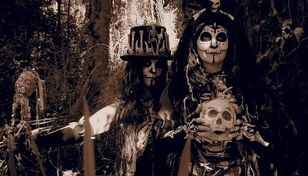 The image features two individuals in elaborate skeletal costumes and face paint resembling skulls with one holding a top hat adorned with small bones and the other cradling a skull set against a dark wooded background