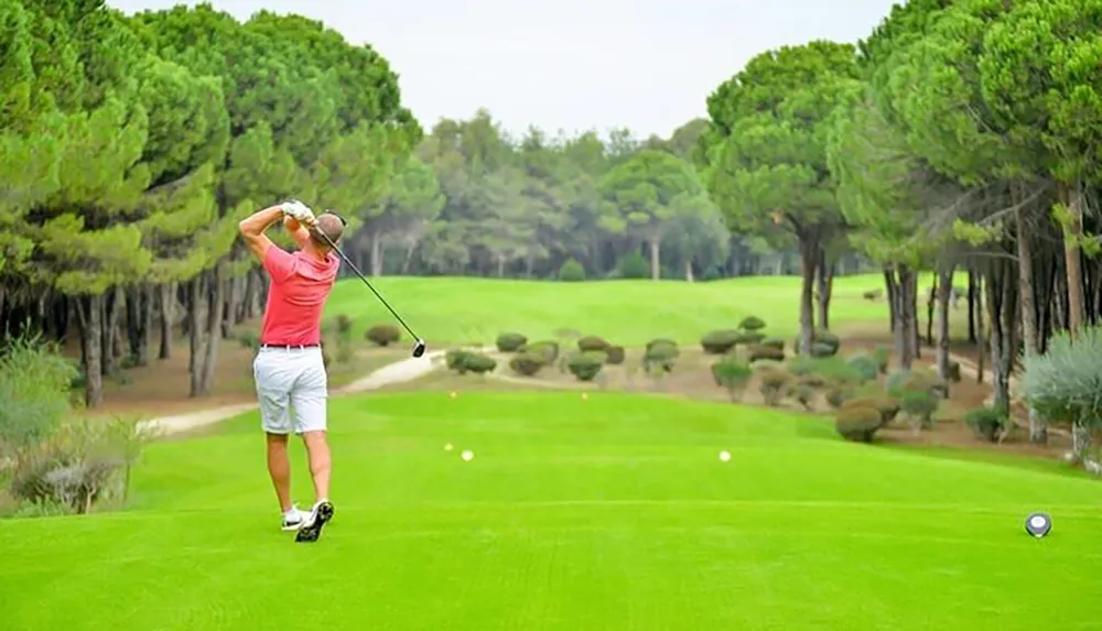 A golfer in a red shirt is in mid-swing on a lush green golf course lined with trees