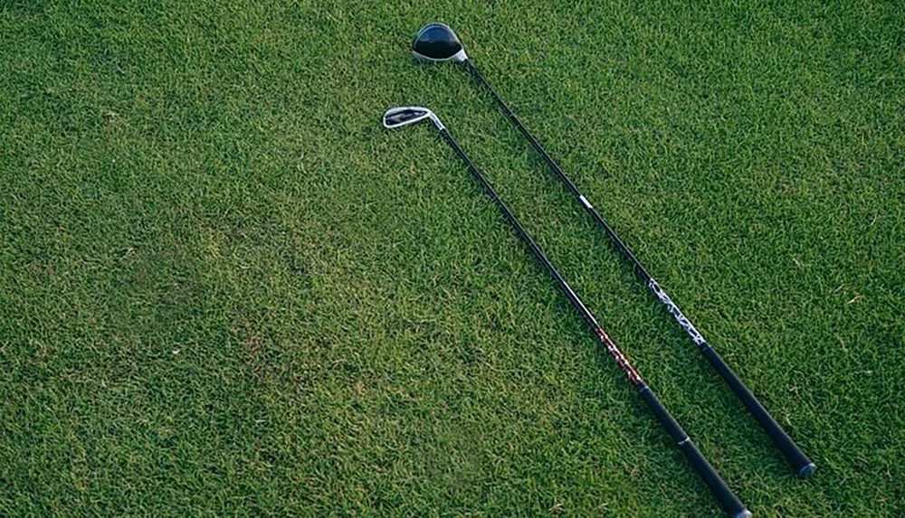 Two golf clubs are lying on a lush green grass surface