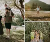 A family is enjoying a sunny day outdoors with the parents holding their young childrens hands and two dogs walking alongside