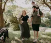 A family is enjoying a sunny day outdoors with the parents holding their young childrens hands and two dogs walking alongside