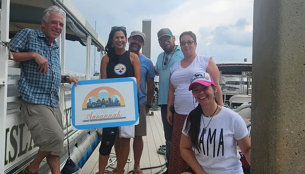 A group of six people are smiling for a photo on a dock beside a boat one holding a sign that says Savannah indicating a likely location or destination for their gathering