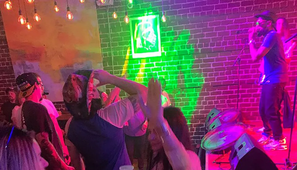 An energetic crowd enjoys a live performance by a musician under colorful lighting in a brick-walled venue