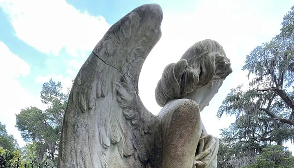 The image shows a sculpture of an angel with large detailed wings seated and looking contemplative against a backdrop of trees and a cloudy sky