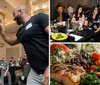 A group of individuals is engaged in conversation at an event with one smiling woman in focus and theres an inset image of a healthy plated meal