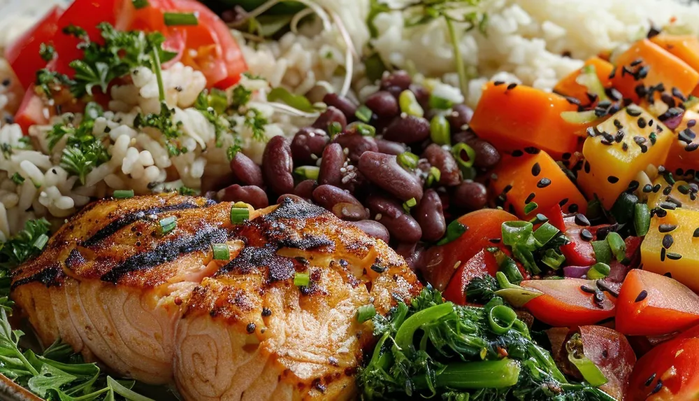 The image showcases a colorful plate consisting of grilled salmon mixed vegetables rice beans and leafy greens sprinkled with herbs and seeds for a healthy meal presentation