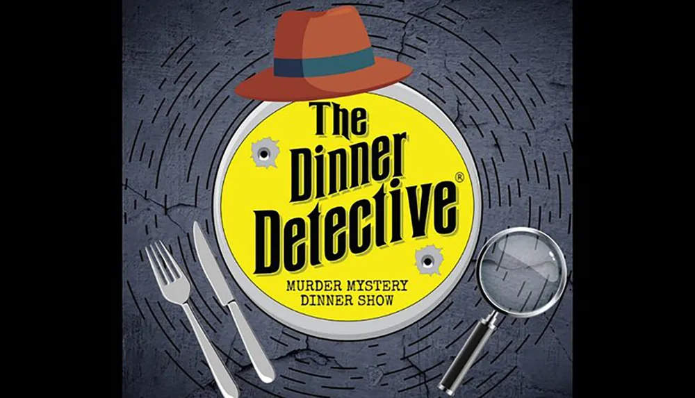 The image is a promotional graphic for The Dinner Detective depicting a magnifying glass utensils and a detective hat symbolizing a murder mystery dinner show