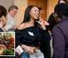 A group of individuals is engaged in conversation at an event with one smiling woman in focus and theres an inset image of a healthy plated meal