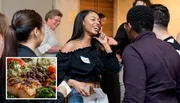 A group of individuals is engaged in conversation at an event, with one smiling woman in focus, and there's an inset image of a healthy plated meal.