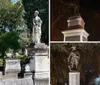 The image shows a peaceful cemetery adorned with statues and Spanish moss-hung trees conveying a serene final resting place