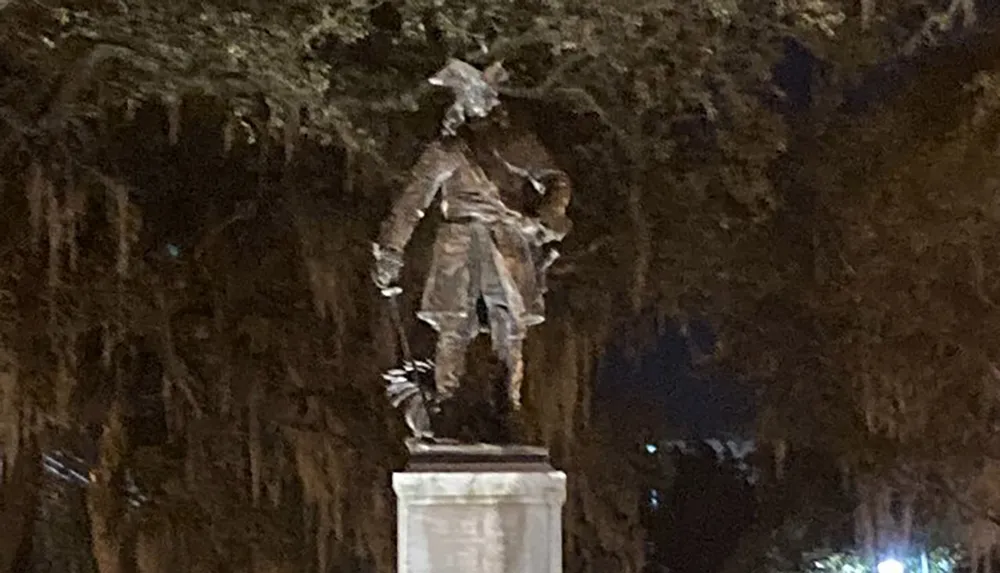 The image shows a statue of a historical figure at night with trees in the background