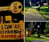 A serene night scene in a park illuminated by street lamps with a winding path a bench and lush greenery